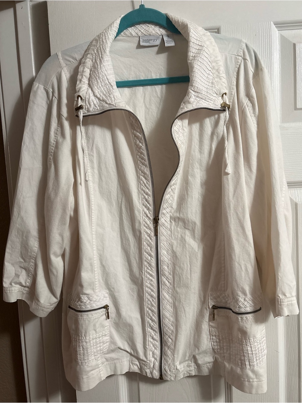 Chico's Zenergy white cotton jacket coat 3/4 sleeves cottagecore pockets XL